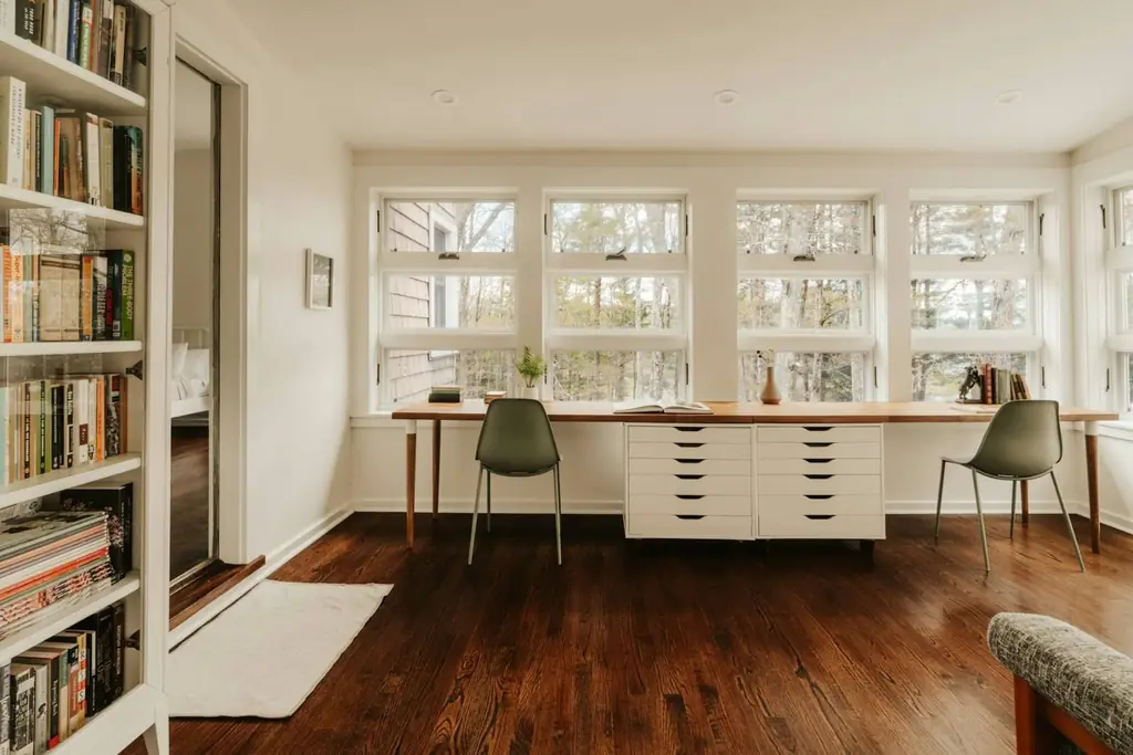 Office with shelving and desks